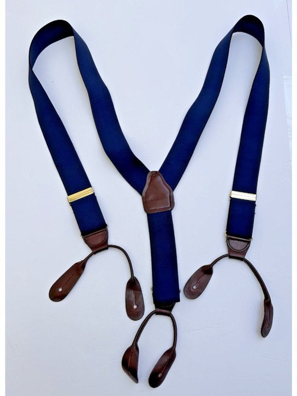 Vintage CAS W. Germany Navy Blue Brown Leather Suspenders Goldtone Stretchy